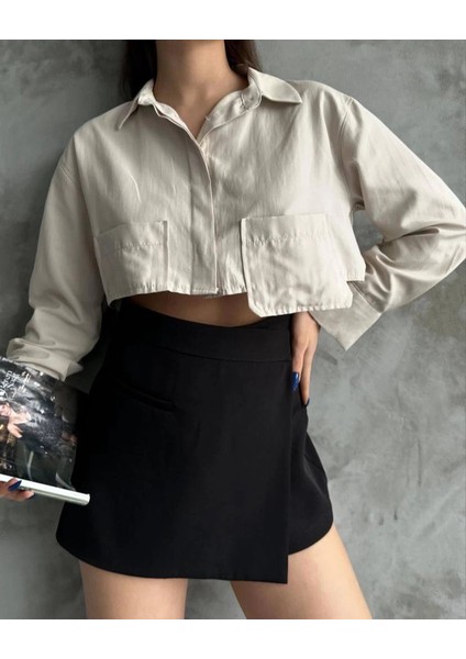 Poplin Crop Gömlek Bej S3060 fiyatları