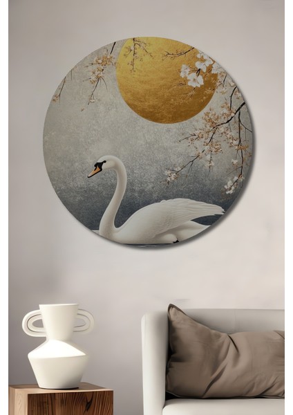 Kuğu ve Altın Ay Ahşap Mdf Dekoratif Ev/işyeri Duvar Tablo Yuvarlak Ev/işyeri Duvar Tablo