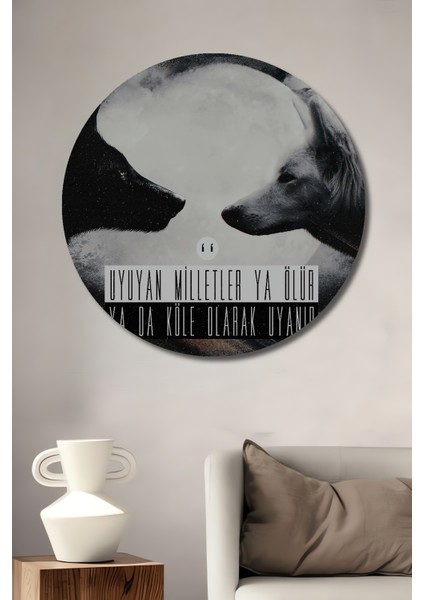 Kurtlar ve Uyanış Dekoratif Ahşap Mdf Ev/işyeri Duvar Tablo Yuvarlak Ev/işyeri Duvar Tablo