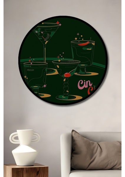 Çerçeve Görünümlü Cin Kokteyl Ahşap Mdf Dekoratif Işyeri Duvar Tablo Yuvarlak Işyeri Duvar Tablo