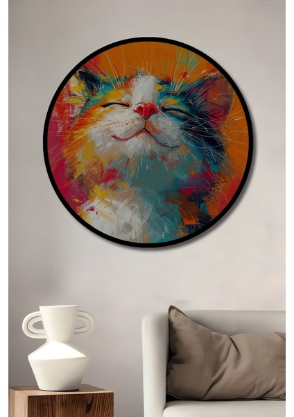 Çerçeve Görünümlü Renkli Kedi Dekoratif Ahşap Mdf Işyeri Duvar Tablo Yuvarlak Işyeri Duvar Tablo