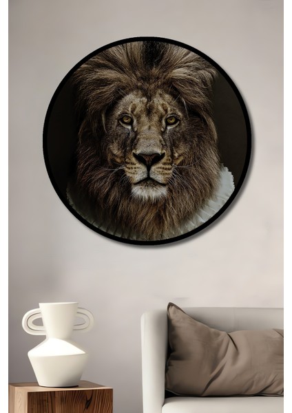 Çerçeve Görünümlü Kraliyet Aslanı Dekoratif Ahşap Mdf Ev Duvar Tablo Yuvarlak Ev Duvar Tablo