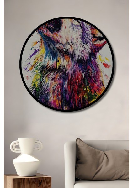 Çerçeve Görünümlü Renkli Kurt Dekoratif Ahşap Mdf Işyeri Duvar Tablo Yuvarlak Işyeri Duvar Tablo