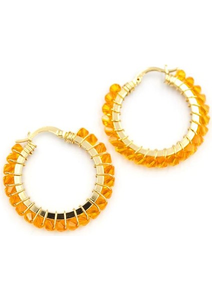 Kristal Boncuk Halka Küpe - Turuncu