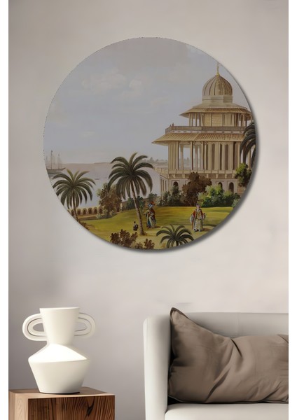 Tropikal Bahçe ve Saray Manzarası Ahşap Mdf Dekoratif Tablo Yuvarlak Tablo