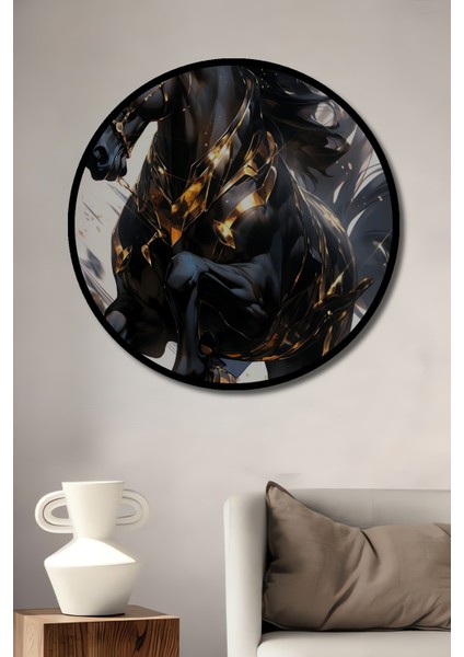 Çerçeve Görünümlü Güçlü Kara At Ahşap Mdf Dekoratif Ev Duvar Tablo Yuvarlak Ev Duvar Tablo