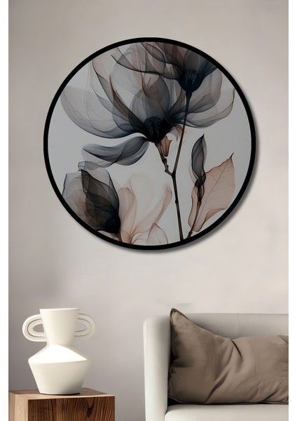 Çerçeve Görünümlü Soyut Çiçekler Dekoratif Ahşap Mdf Ev Duvar Tablo Yuvarlak Ev Duvar Tablo