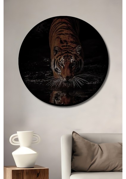 Çerçeve Görünümlü Suya Yansıyan Kaplan Dekoratif Ahşap Mdf Ev Duvar Tablo Yuvarlak Ev Duvar Tablo