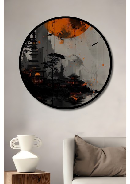 Çerçeve Görünümlü Turuncu Ay ve Pagoda Manzaralı Dekoratif Ahşap Mdf Tablo Yuvarlak Tablo