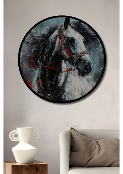 Çerçeve Görünümlü Güçlü Beyaz At Dekoratif Ahşap Mdf Ev Duvar Tablo Yuvarlak Ev Duvar Tablo