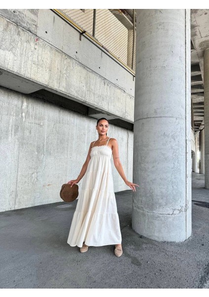 Dantelli Askılı Keten Elbise S4310