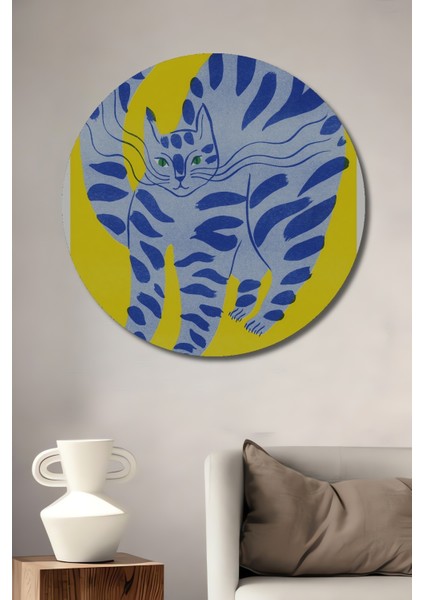 Mavi Kedi Dekoratif Ahşap Mdf Ev/işyeri Duvar Tablo Yuvarlak Ev/işyeri Duvar Tablo