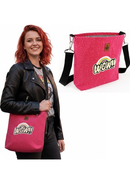 El Yapımı Wow Gökkuşağı Kırpık Kot Omuz Çantası