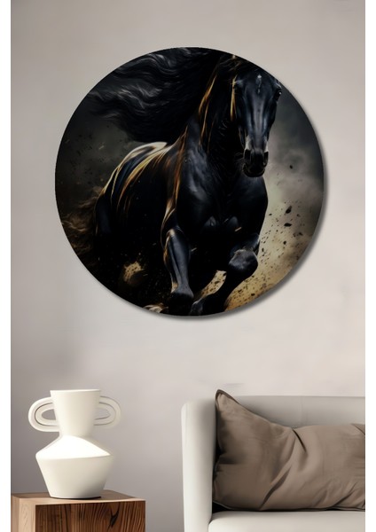 Görkemli Siyah At Ahşap Mdf Dekoratif Ev/işyeri Duvar Tablo Yuvarlak Ev/işyeri Duvar Tablo