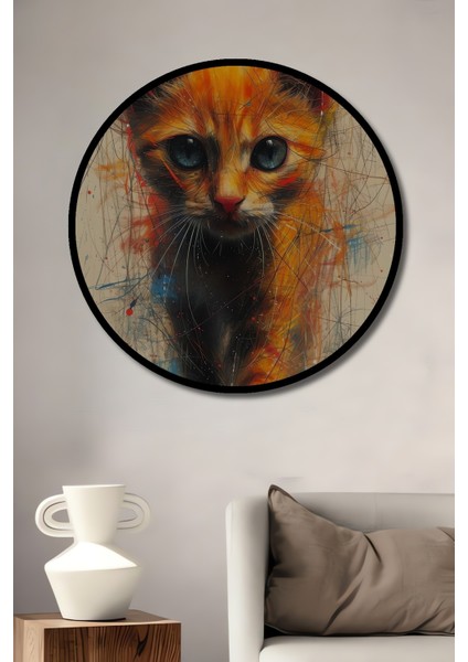 Çerçeve Görünümlü Renkli Kedi Dekoratif Ahşap Mdf Işyeri Duvar Tablo Yuvarlak Işyeri Duvar Tablo