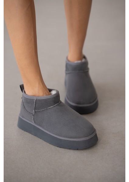 Luniva Içi Kürklü Kalın Taban Kadın Bot- Gri Süet
