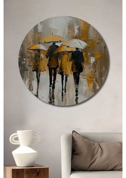 Yağmurlu Şehirde Yürüyen Insanlar Dekoratif Ahşap Mdf Tablo Yuvarlak Tablo