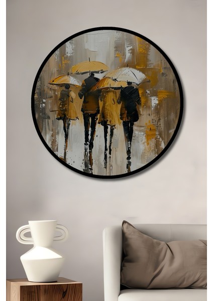 Çerçeve Görünümlü Yağmurlu Şehirde Yürüyen Insanlar Dekoratif Ahşap Mdf Tablo Yuvarlak Tablo