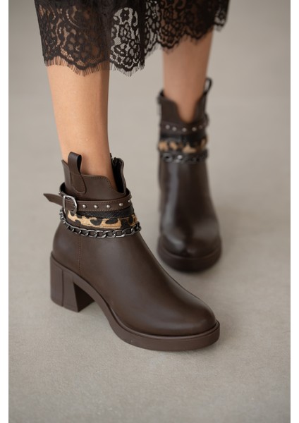 Shoy Leopar Zincir Aksesuarlı Kadın Bot- Kahverengi