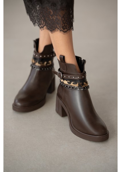 Shoy Leopar Zincir Aksesuarlı Kadın Bot- Kahverengi modelleri