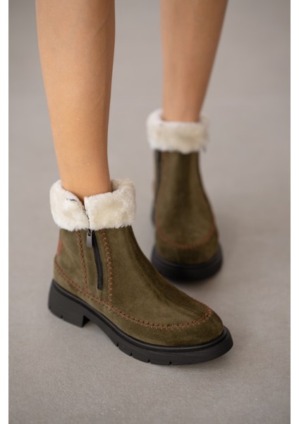 Sorella Hakiki Deri Yanlardan Fermuarlı Kadın Bot- Haki Süet