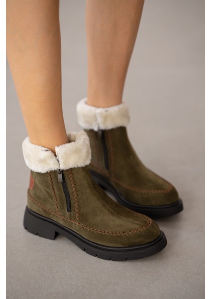 Sorella Hakiki Deri Yanlardan Fermuarlı Kadın Bot- Haki Süet modelleri