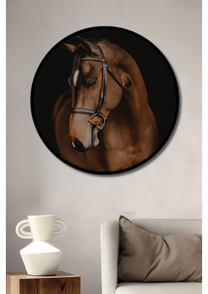 Çerçeve Görünümlü Görkemli At Ahşap Mdf Dekoratif Işyeri Duvar Tablo Yuvarlak Işyeri Duvar Tablo