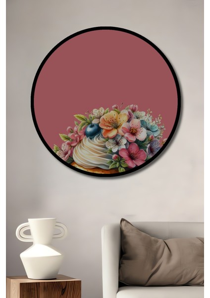 Çerçeve Görünümlü Çiçekli Cupcake Ahşap Mdf Dekoratif Ev Duvar Tablo Yuvarlak Ev Duvar Tablo