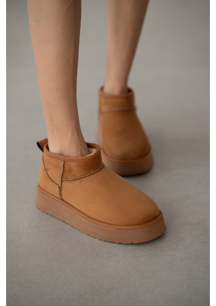 Luniva Içi Kürklü Kalın Taban Kadın Bot- Taba Süet