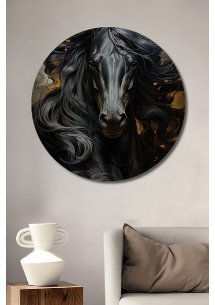 Görkemli Siyah At Ahşap Mdf Dekoratif Ev/işyeri Duvar Tablo Yuvarlak Ev/işyeri Duvar Tablo
