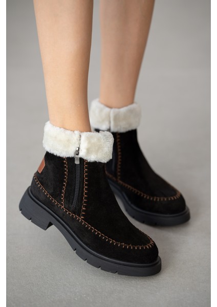 Sorella Hakiki Deri Yanlardan Fermuarlı Kadın Bot- Siyah Süet fiyatları