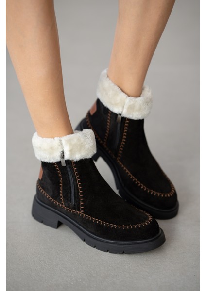 Sorella Hakiki Deri Yanlardan Fermuarlı Kadın Bot- Siyah Süet modelleri