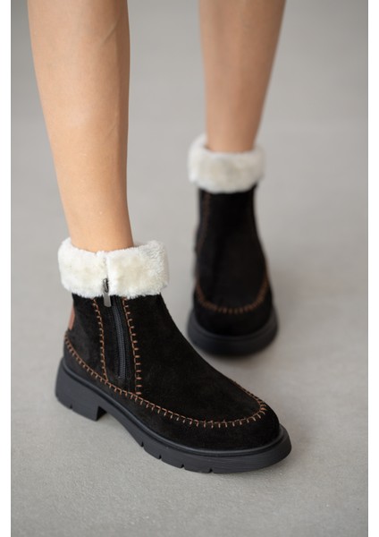 Sorella Hakiki Deri Yanlardan Fermuarlı Kadın Bot- Siyah Süet fırsatları