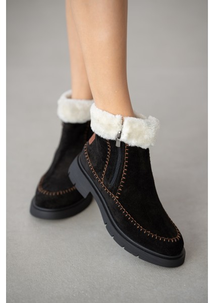 Sorella Hakiki Deri Yanlardan Fermuarlı Kadın Bot- Siyah Süet indirimleri