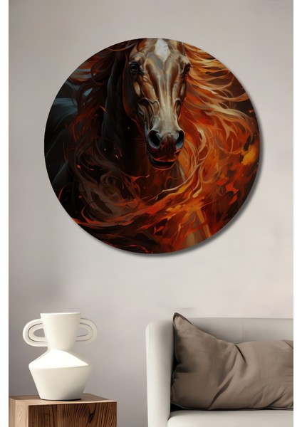 Alevli At Heykeli Dekoratif Ahşap Mdf Ev/işyeri Duvar Tablo Yuvarlak Ev/işyeri Duvar Tablo