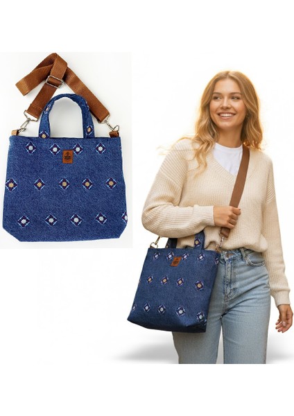 El Yapımı Kot Nakışlı Çanta - Fonksiyonel ve Şık