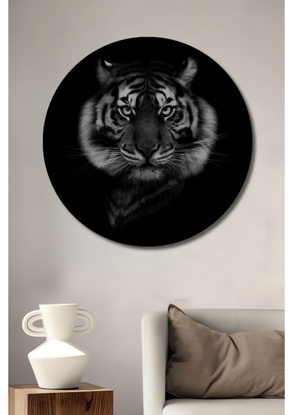 Çerçeve Görünümlü Asil Kaplan Portresi Ahşap Mdf Dekoratif Ev Duvar Tablo Yuvarlak Ev Duvar Tablo