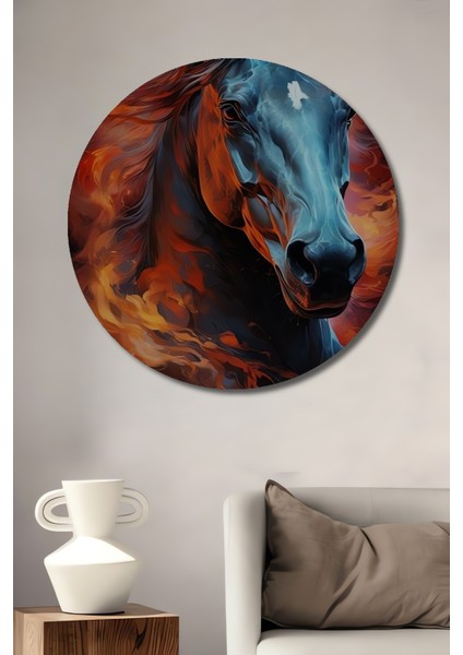 Alevler Içinde Görkemli At Ahşap Mdf Dekoratif Ev/işyeri Duvar Tablo Yuvarlak Ev/işyeri Duvar Tablo
