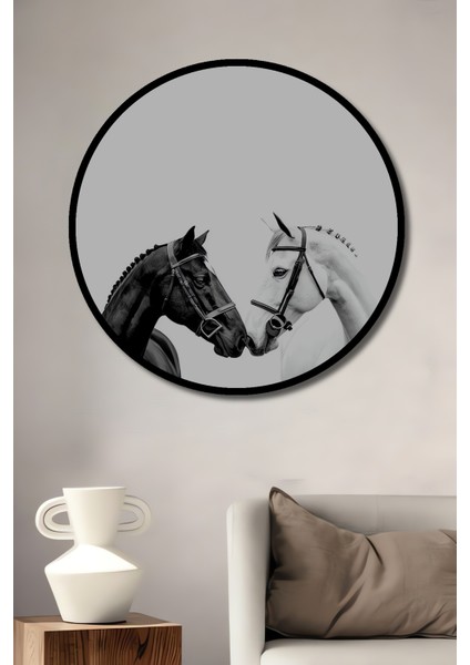 Çerçeve Görünümlü Siyah Beyaz Atlar Dekoratif Ahşap Mdf Ev Duvar Tablo Yuvarlak Ev Duvar Tablo