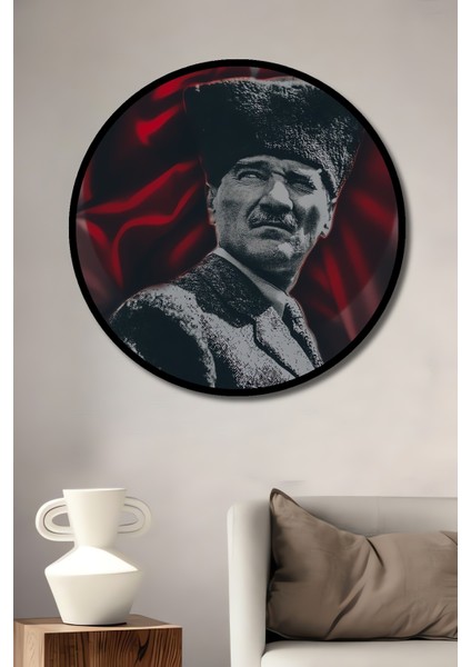 Çerçeve Görünümlü Atatürk Temalı Ahşap Mdf Dekoratif Ev Duvar Tablo Yuvarlak Ev Duvar Tablo
