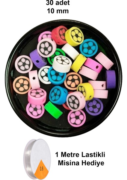 30 Adet 10 mm Polimer Kil Fimo Boncuk Takı Bileklik + 1 Metre Lastikli Misina Hediye - Renkli Çiçek
