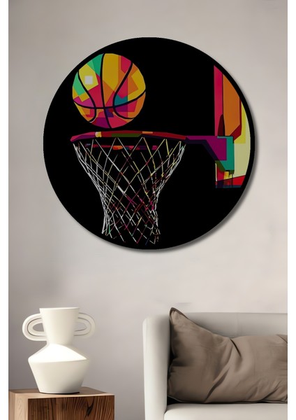 Çerçeve Görünümlü Renkli Basketbol Ahşap Mdf Dekoratif Ev Duvar Tablo Yuvarlak Ev Duvar Tablo