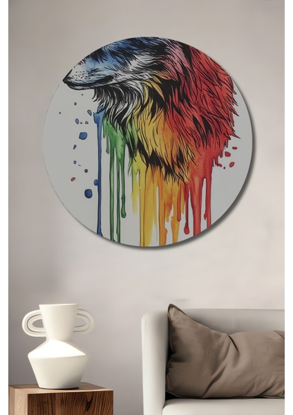 Gökkuşağı Kurt Ahşap Mdf Dekoratif Ev/işyeri Duvar Tablo Yuvarlak Ev/işyeri Duvar Tablo