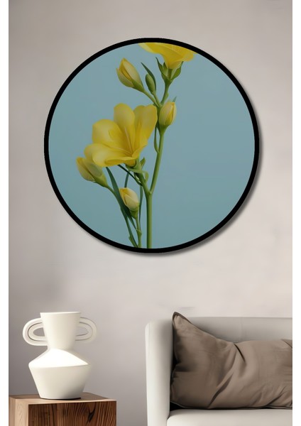Çerçeve Görünümlü Sarı Çiçekler Ahşap Mdf Dekoratif Ev Duvar Tablo Yuvarlak Ev Duvar Tablo