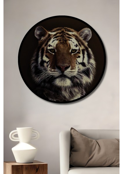 Çerçeve Görünümlü Asil Kaplan Portre Dekoratif Ahşap Mdf Ev Duvar Tablo Yuvarlak Ev Duvar Tablo