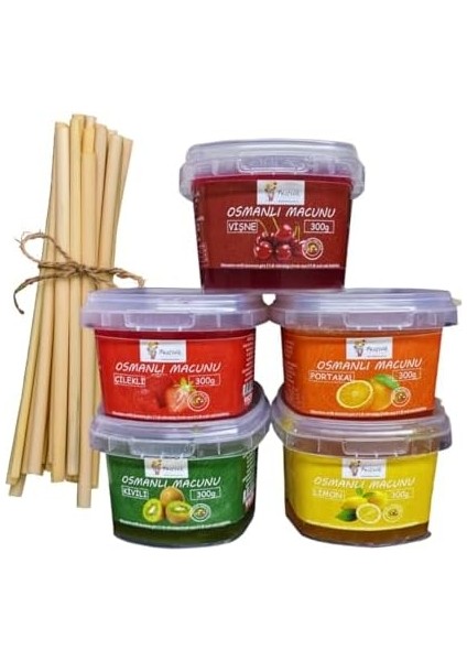 Festiva 5 Çeşit 300GR. Meyveli Hazır Osmanlı Macunu Seti - 50 Adet Macun Çubuğu Hediyeli