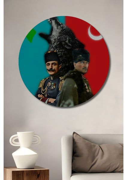 Atatürk ve Kurt Ahşap Mdf Dekoratif Ev/işyeri Duvar Tablo Yuvarlak Ev/işyeri Duvar Tablo