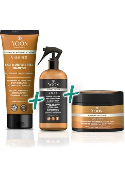 Yoon 3'lü Sülfatsız Tuzsuz Şampuan 250ML, Elektriklenme Önleyici, Kolay Tarama Saç Spreyi, Hyalüronik Asit Besleyici ve Onarıcı Saç Maskesi 250ML, Tamamlayıcı Saç Bakım Seti fiyatları