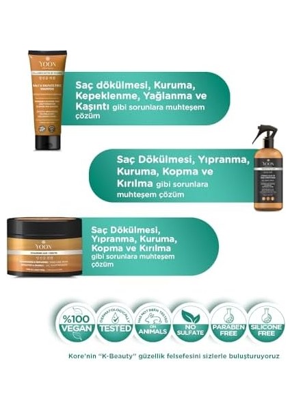 Yoon 3'lü Sülfatsız Tuzsuz Şampuan 250ML, Elektriklenme Önleyici, Kolay Tarama Saç Spreyi, Hyalüronik Asit Besleyici ve Onarıcı Saç Maskesi 250ML, Tamamlayıcı Saç Bakım Seti modelleri