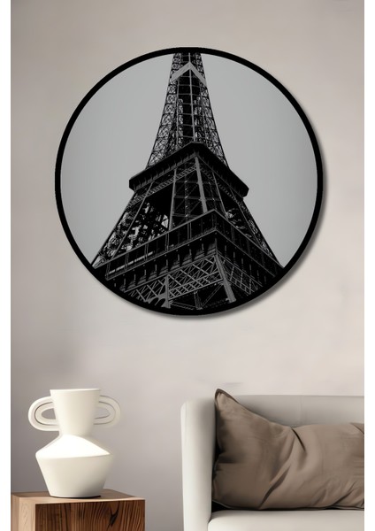 Çerçeve Görünümlü Eyfel Kulesi Dekoratif Ahşap Mdf Işyeri Duvar Tablo Yuvarlak Işyeri Duvar Tablo